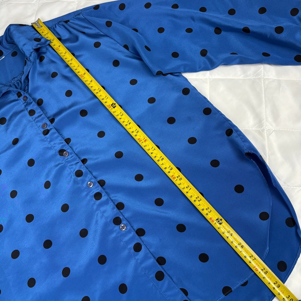 Blue Black Polka Dot Button Front Tunic Blouse Long Sleeve Roll Tab XL - Picture 6 of 12
